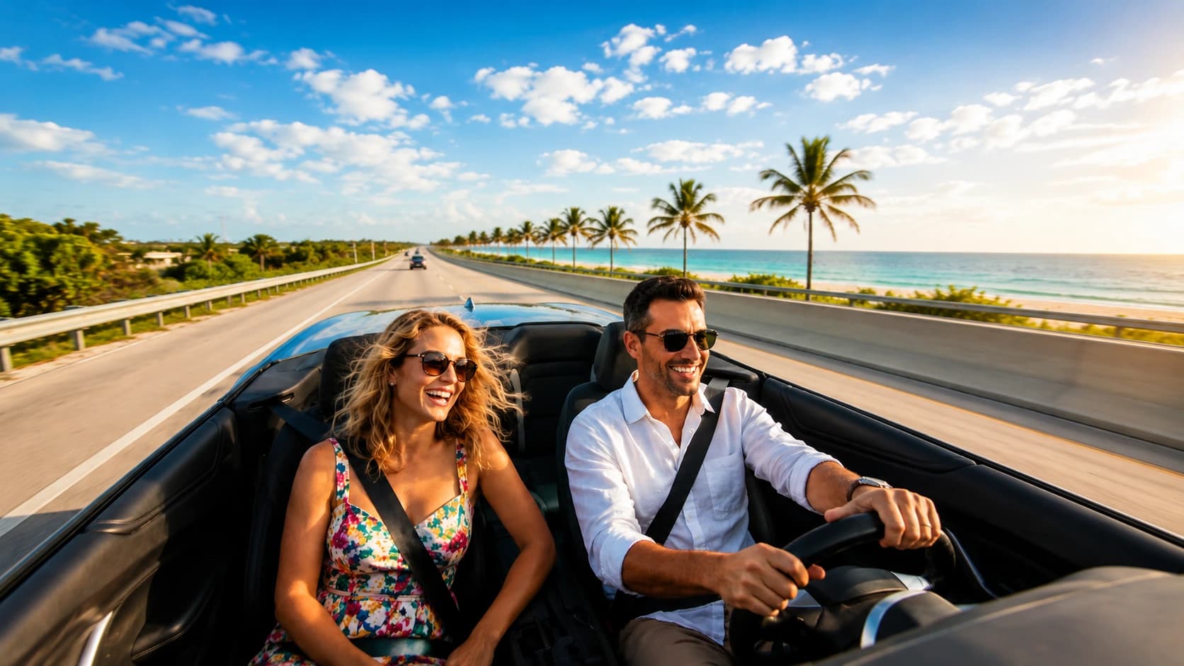 Happy couple driving a rental convertible car in Orlando, Florida